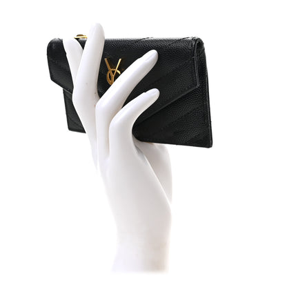 Saint Laurent Grain De Poudre Matelasse Chevron Monogram Compact Wallet Black 2 of 6