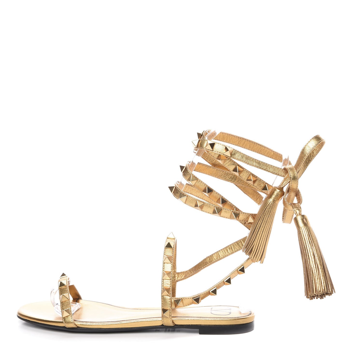 Metallic Nappa Rockstud Flair Ankle Wrap Flat Sandals 36 Deep Gold
