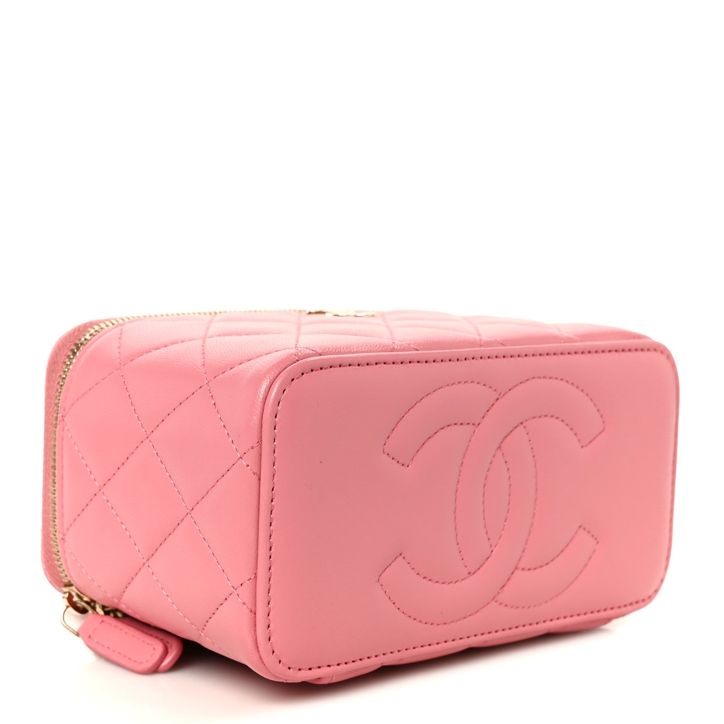 Lambskin Quilted Small Top Handle Vanity Case With Chain Pink