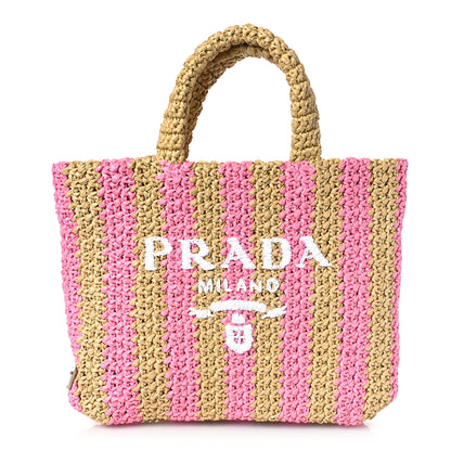 Prada Yarn Raffia Effect Crochet Striped Small Logo Tote Naturale Petalo 2 of 9