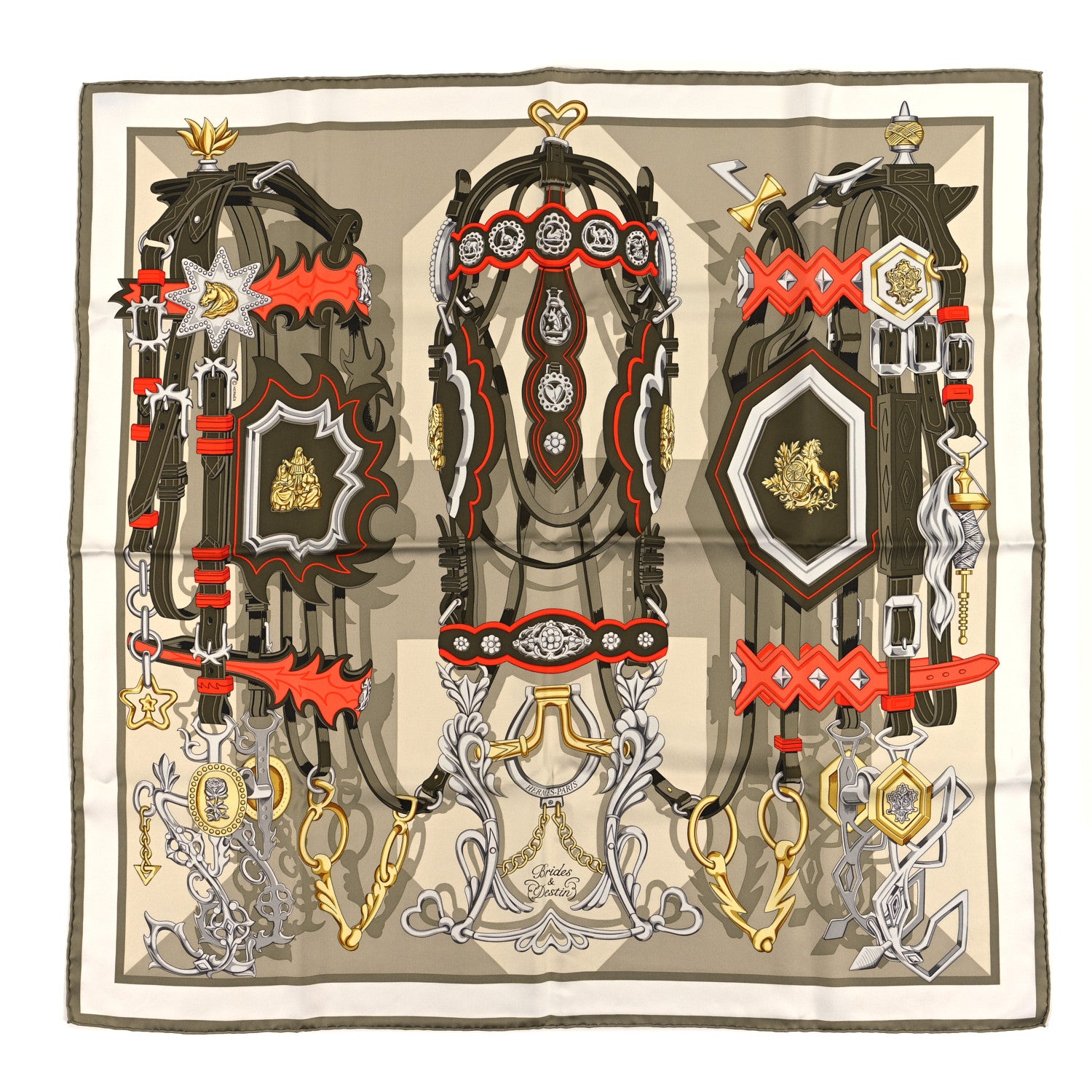 Hermes Silk Brides Et Destin Scarf 90 Vert Argile Kaki 1 of 3