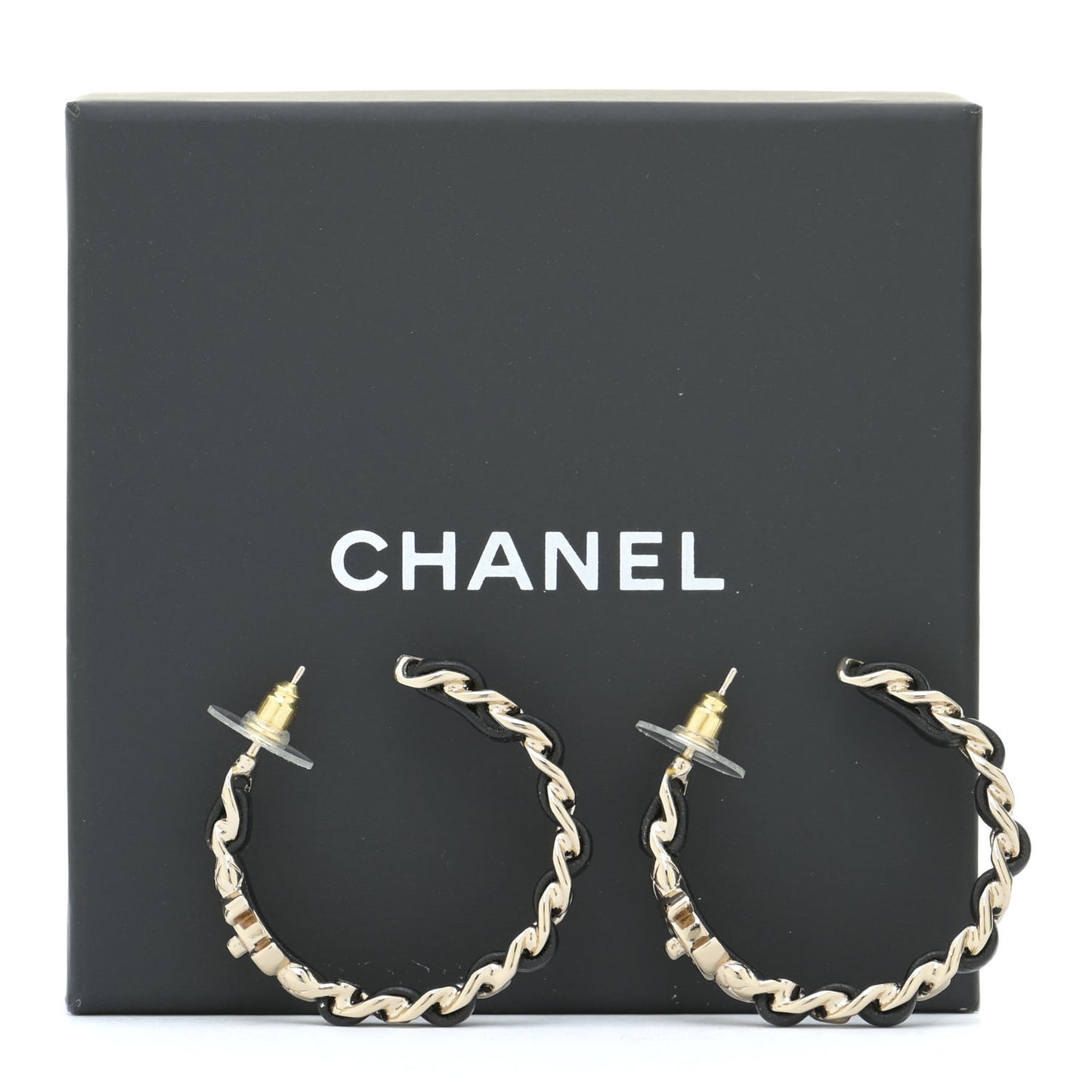 Lambskin CC Turnlock Chain Hoop Earrings Gold Black