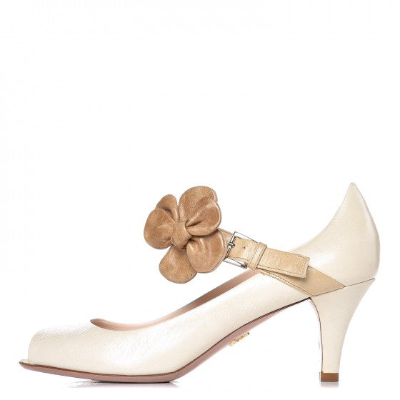Prada Vitello Shine Lambskin Floral Mary Janes Heels 38.5 Ivory 1 of 18