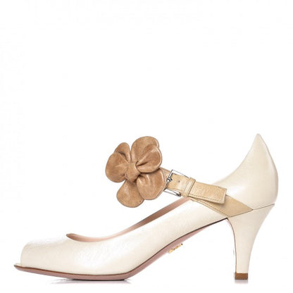 Prada Vitello Shine Lambskin Floral Mary Janes Heels 38.5 Ivory 1 of 18