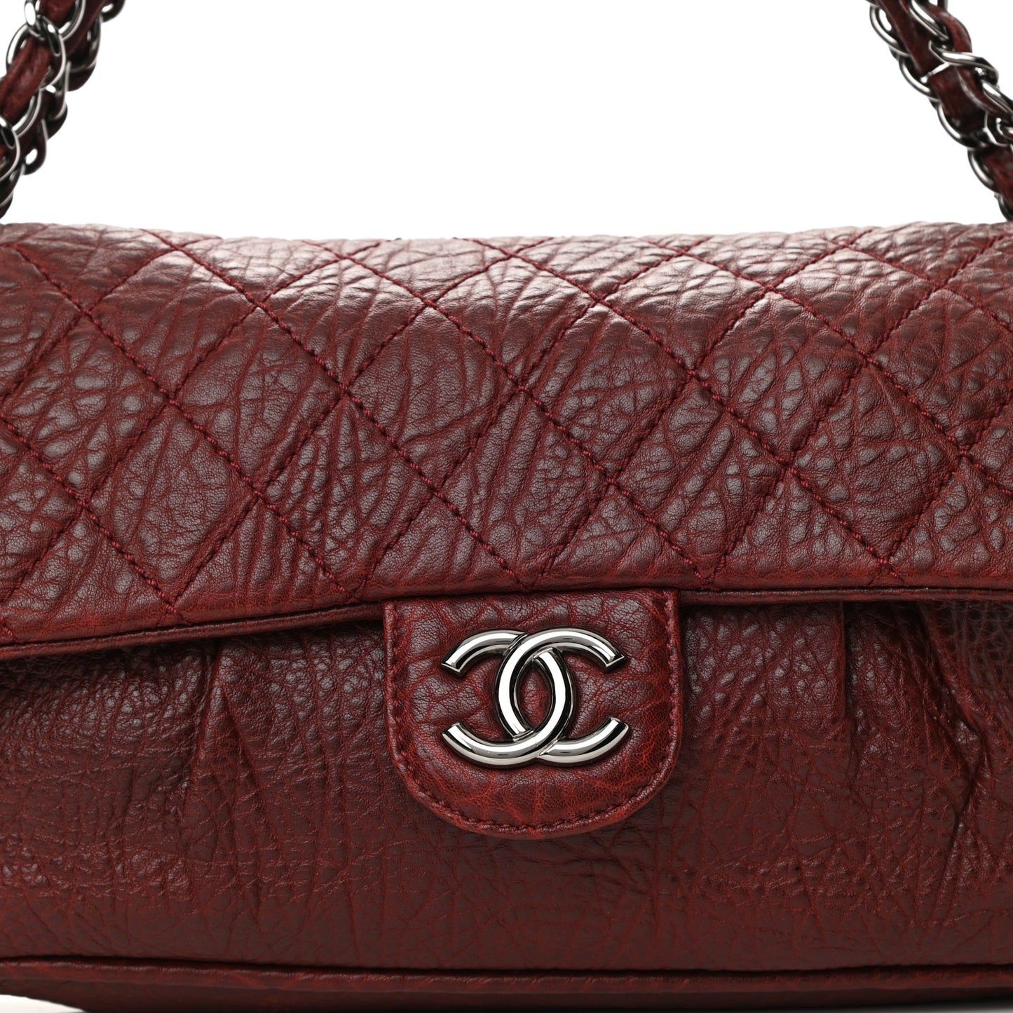 Distressed Lambskin Lady Braid Flap Burgundy