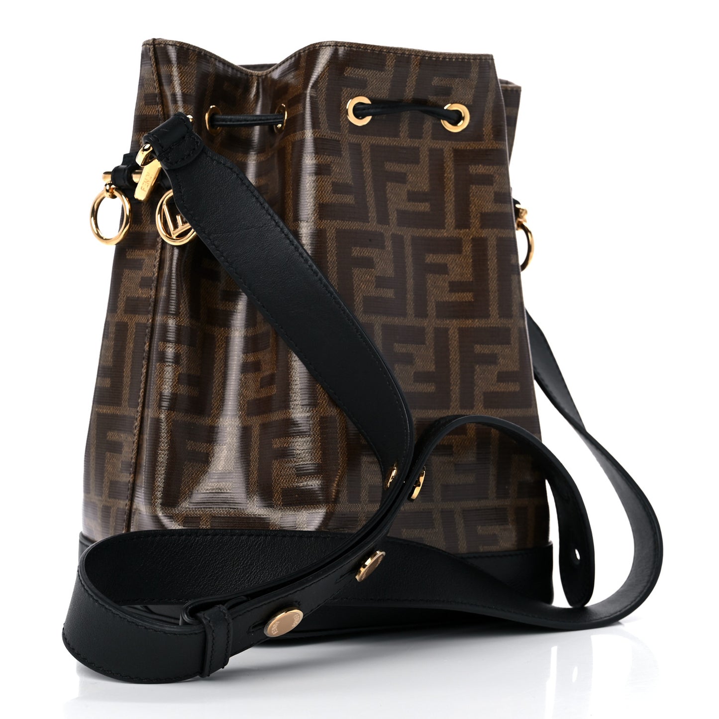 Glazed Fabric Vitello Grace F is Fendi FF 1974 Stamp Patch Grande Mon Tresor Bucket Bag Mogano Panna Black