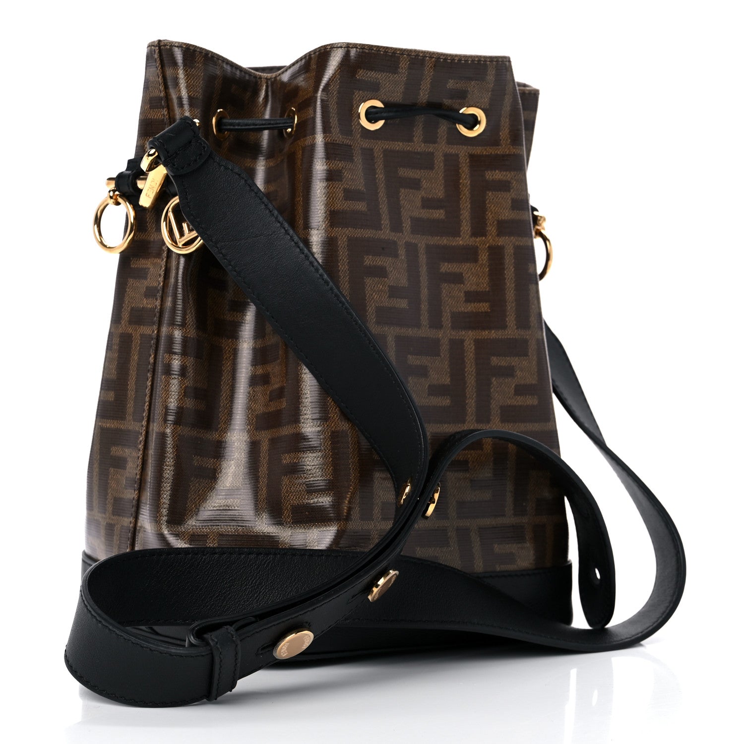 Fendi Glazed Fabric Vitello Grace F is Fendi FF 1974 Stamp Patch Grande Mon Tresor Bucket Bag Mogano Panna Black 3 of 10