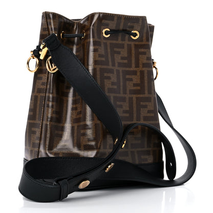 Fendi Glazed Fabric Vitello Grace F is Fendi FF 1974 Stamp Patch Grande Mon Tresor Bucket Bag Mogano Panna Black 3 of 10