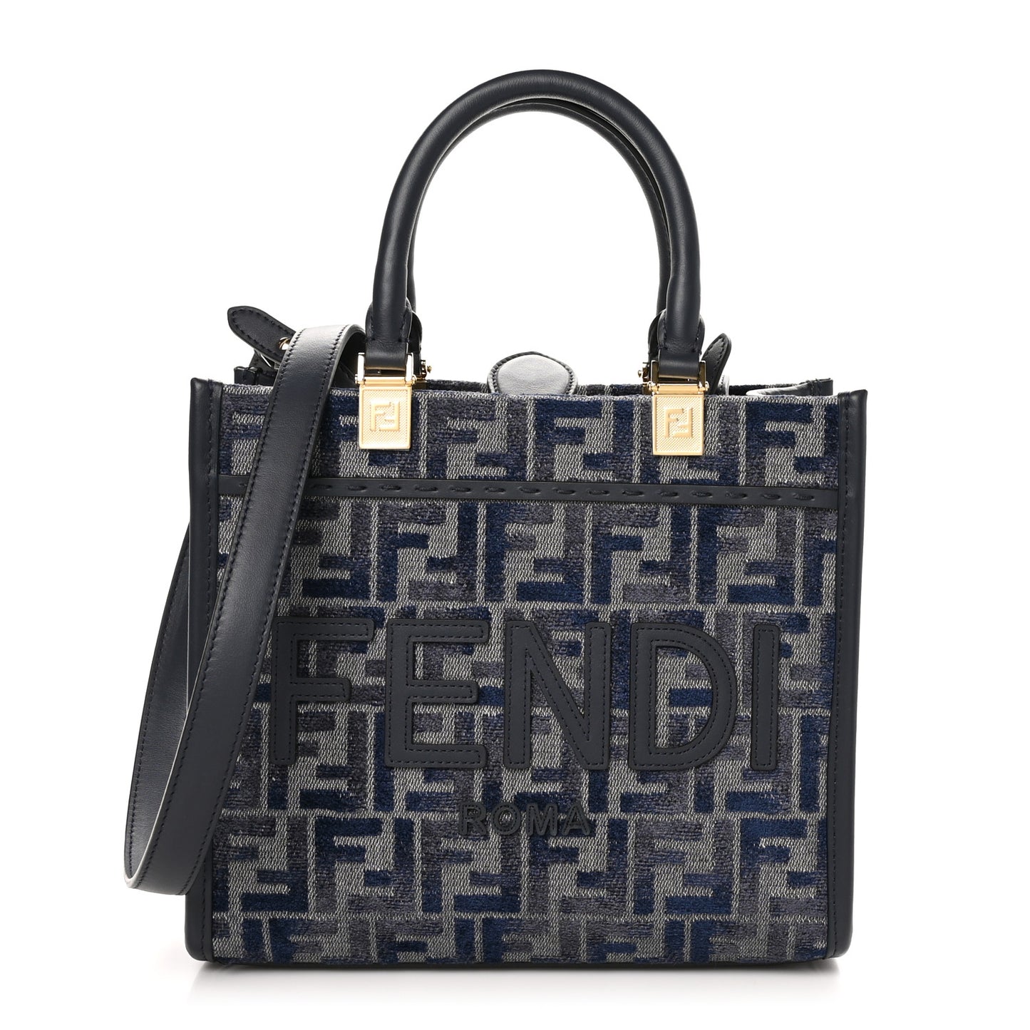 Chenille Vitello Grace FF Embroidered Small Fendi Sunshine Shopper Tote Dark Blue Grey