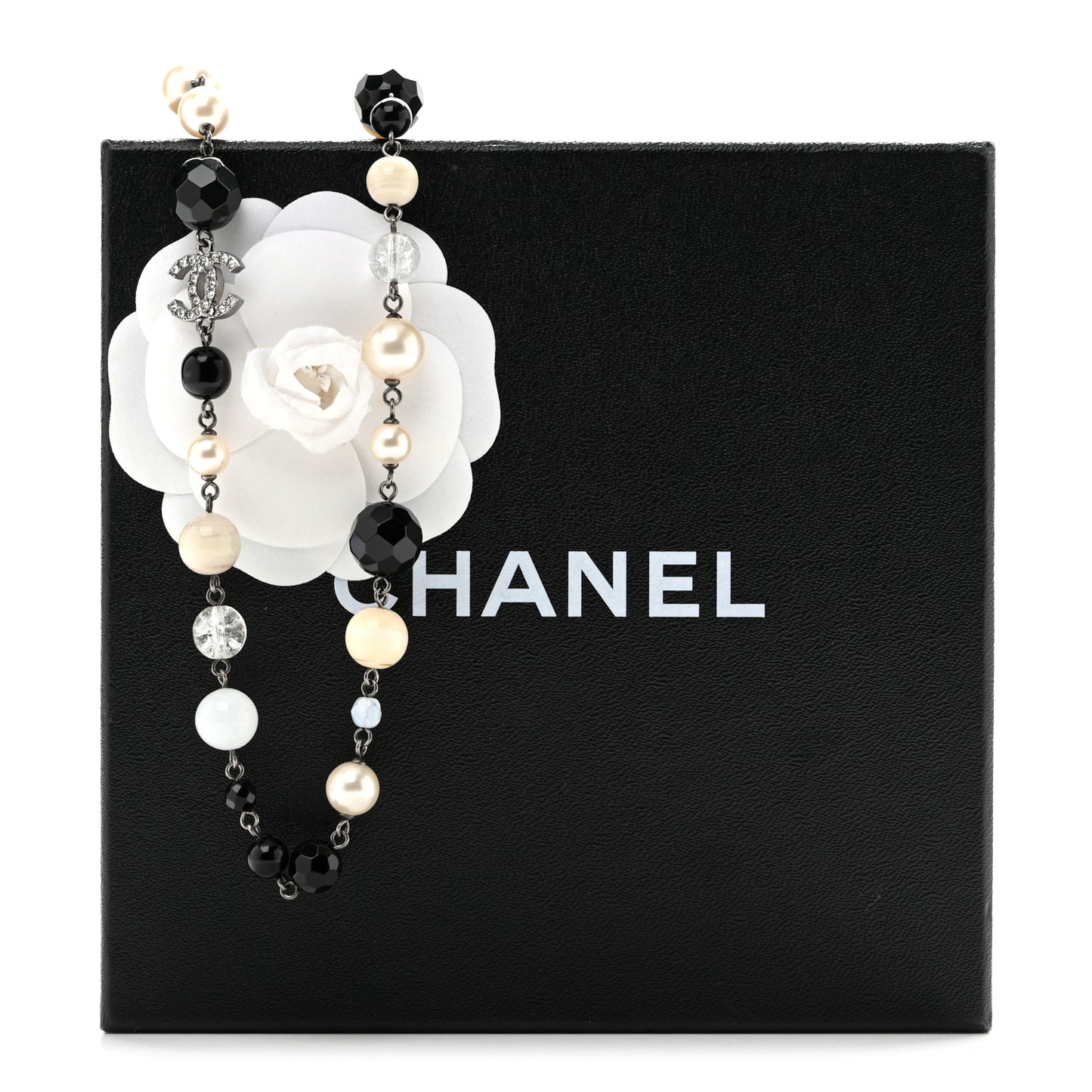 Pearl Crystal Bead CC Long Necklace Black Silver