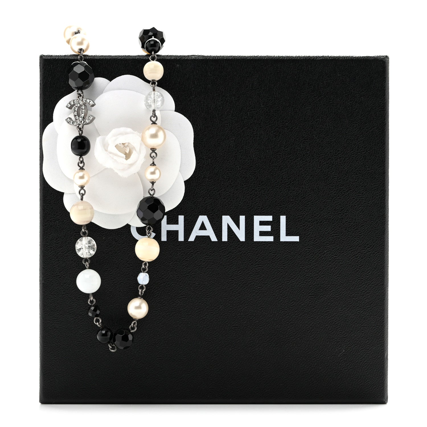Chanel Pearl Crystal Bead CC Long Necklace Black Silver 6 of 6