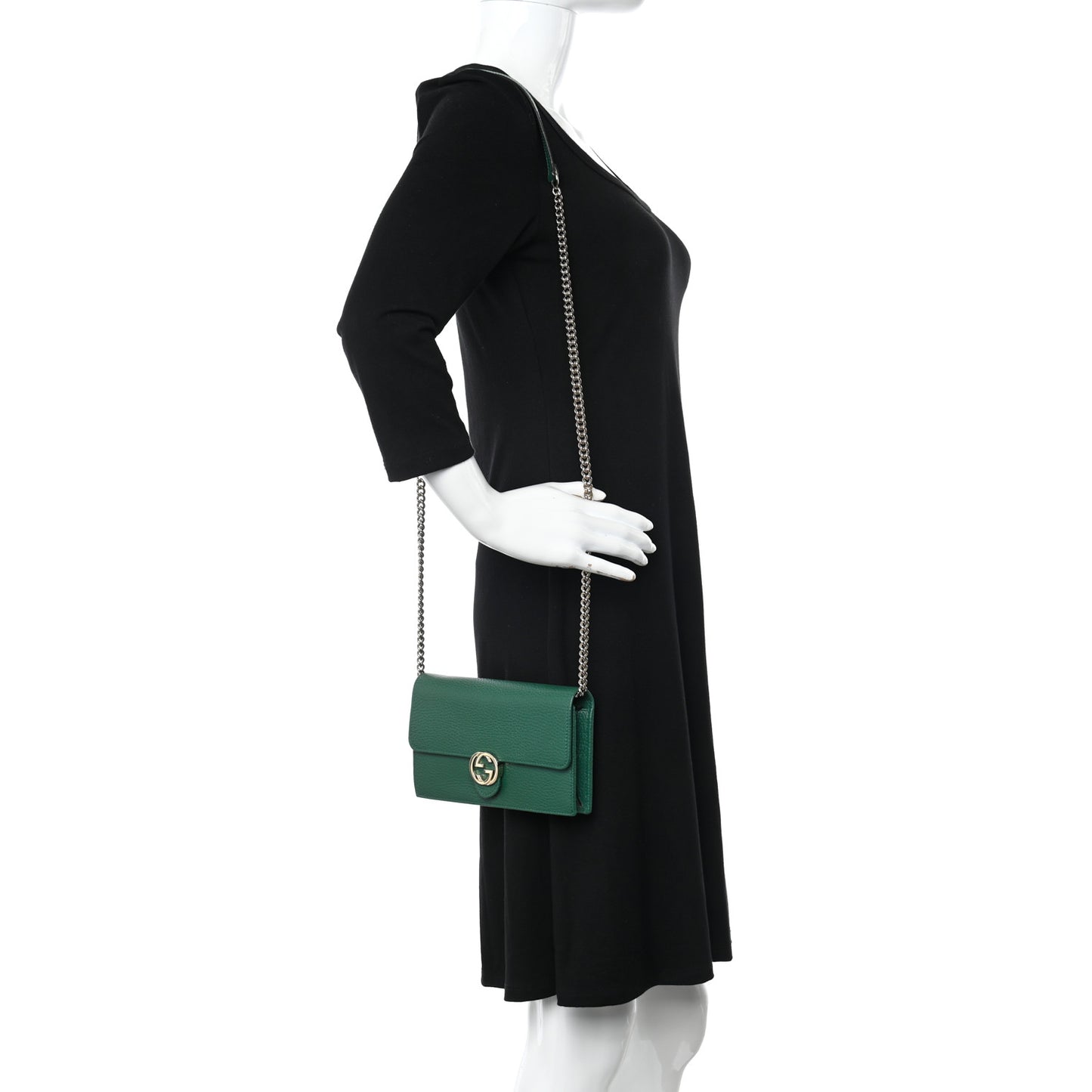 Dollar Calfskin Interlocking G Chain Wallet Emerald