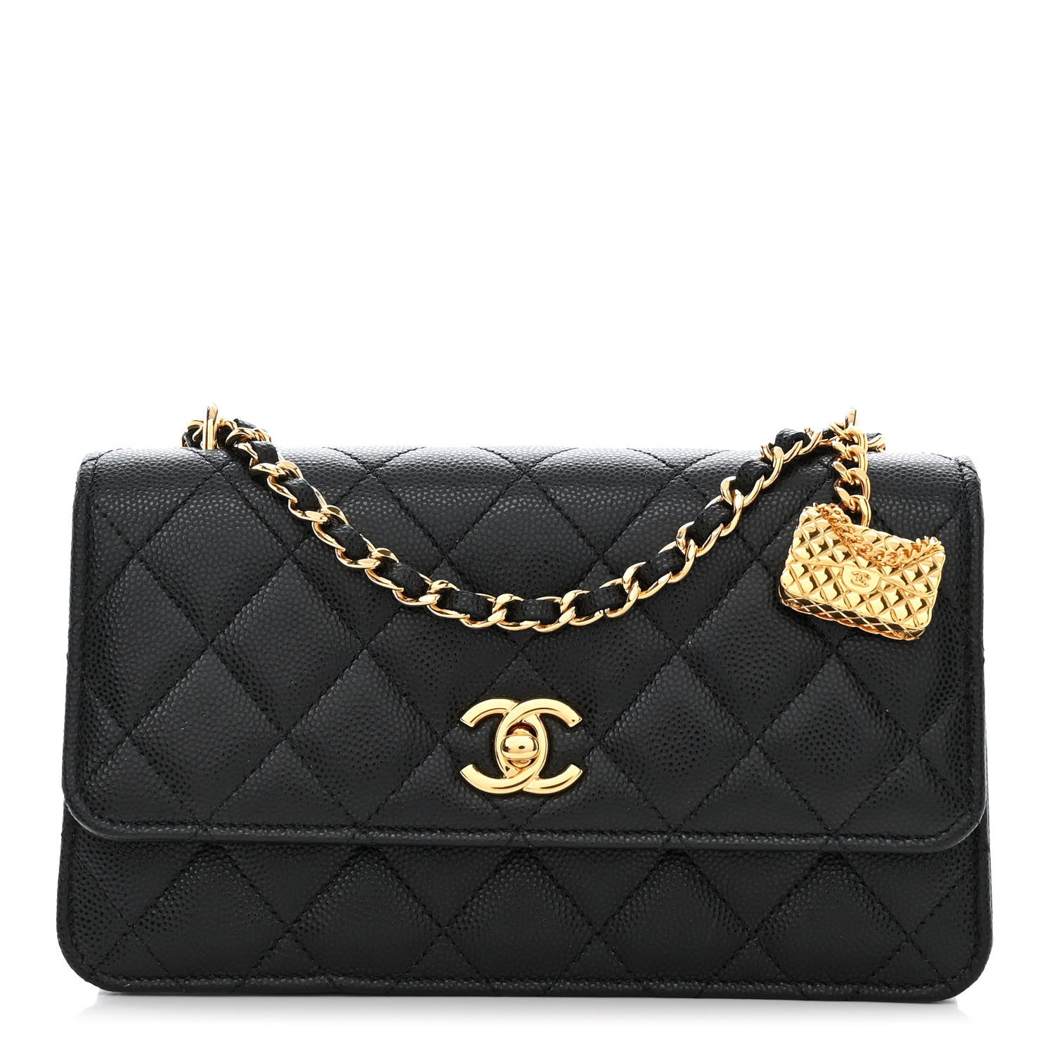 Chanel Shiny Caviar Quilted Flap Charm Wallet On Chain WOC Black 1 of 12
