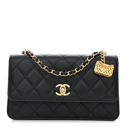Chanel Shiny Caviar Quilted Flap Charm Wallet On Chain WOC Black 1 of 12