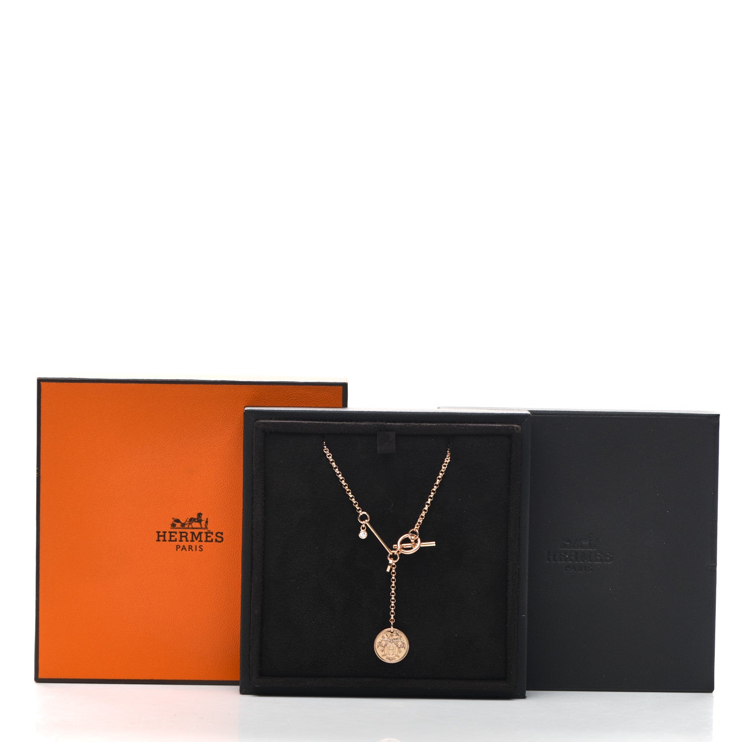Hermes 18K Rose Gold Diamond PM Ex-Libris Pendant Necklace 5 of 5