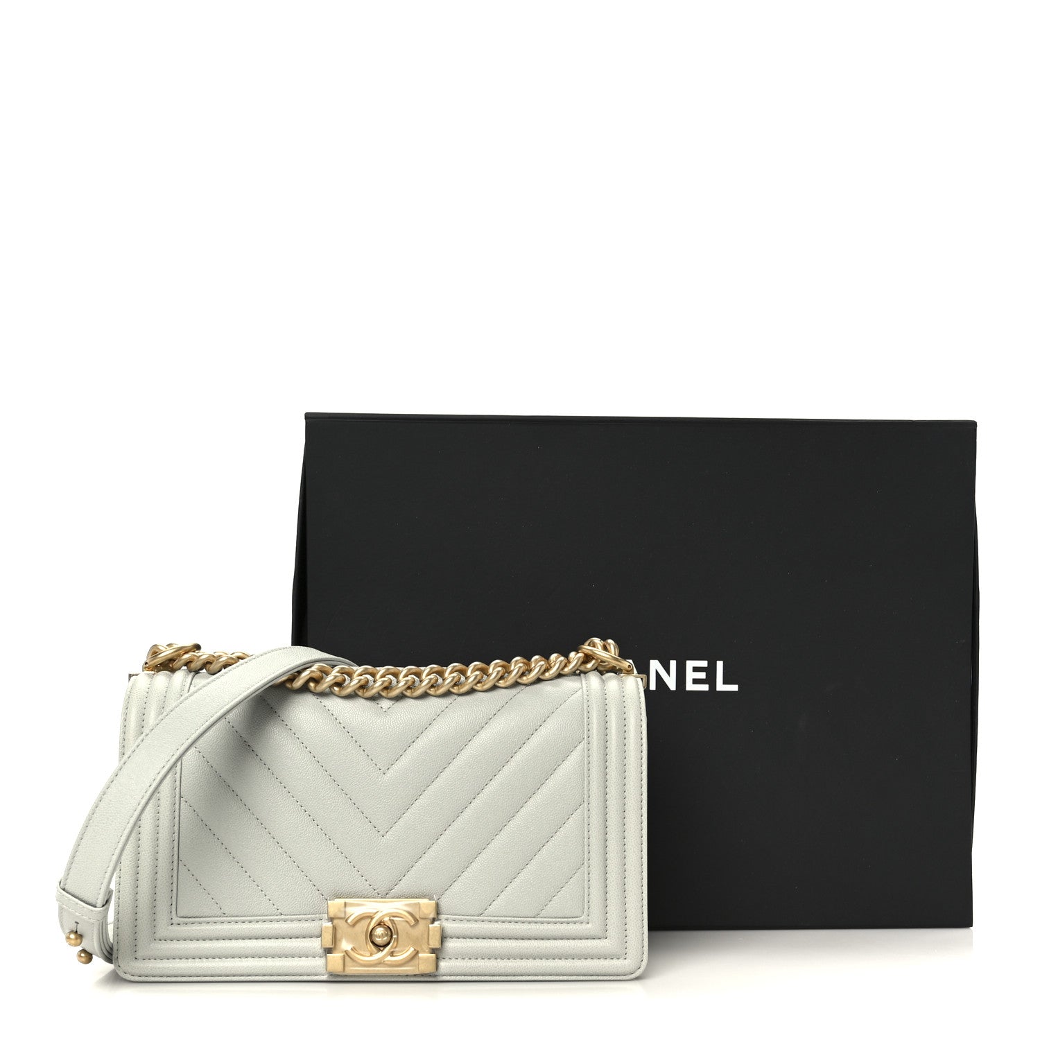 Chanel Caviar Chevron Quilted Medium Boy Flap Light Grey 11 of 11