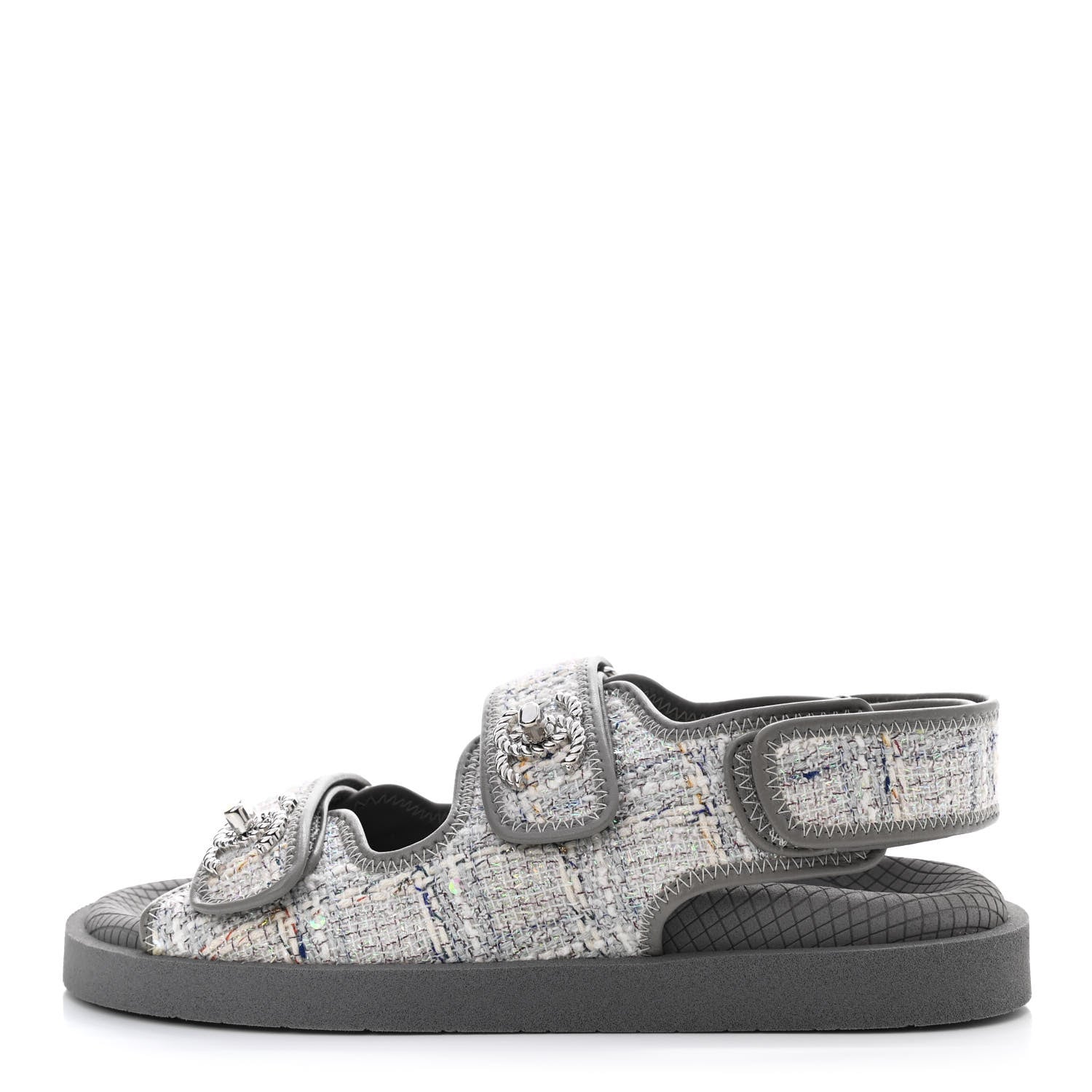 Chanel Tweed Lambskin Dad Sandals 36 Gray Ecru Blue 1 of 8