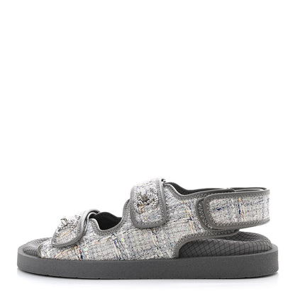 Chanel Tweed Lambskin Dad Sandals 36 Gray Ecru Blue 1 of 8