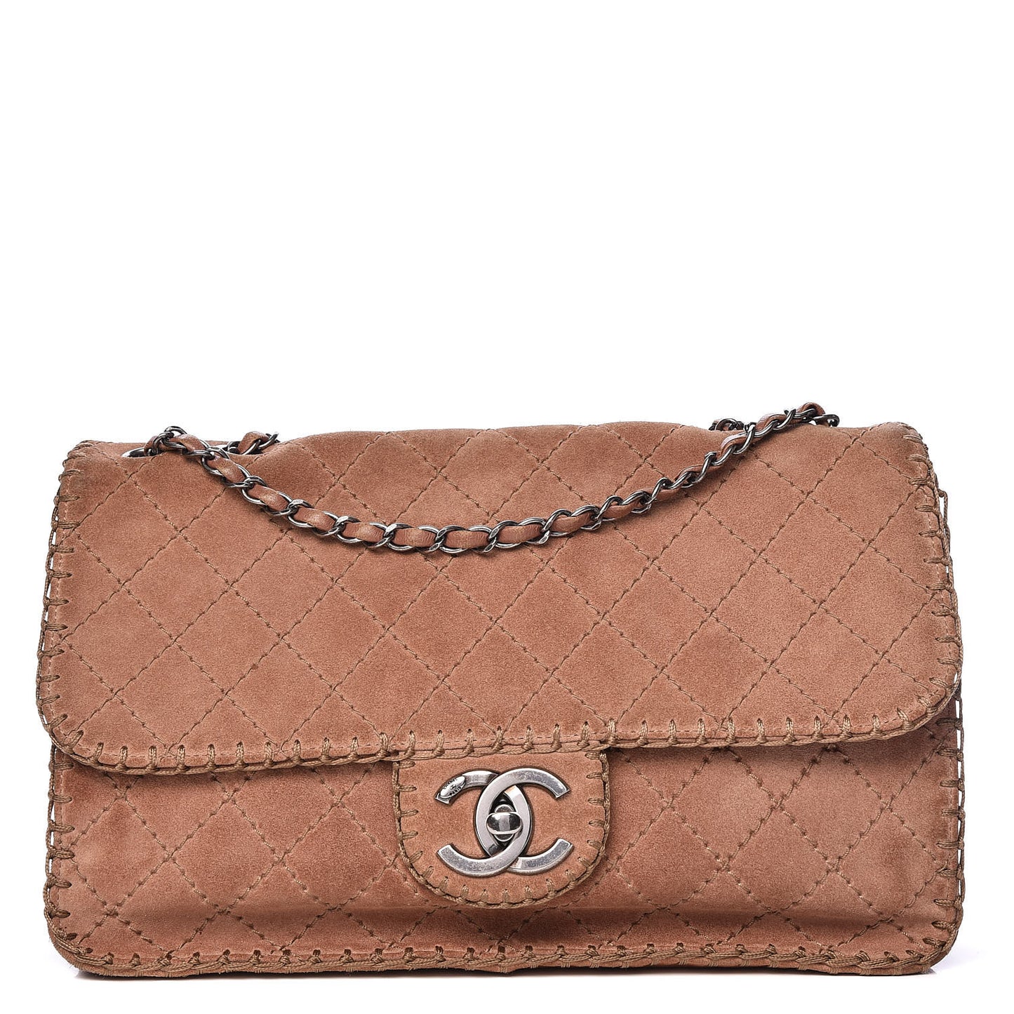 Suede Calfskin Stitch Flap Light Brown