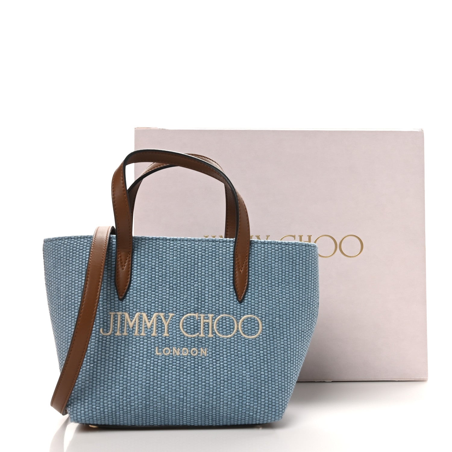 Jimmy Choo Raffia Canvas Logo Embroidered Mini Tote Smoky Blue Tan