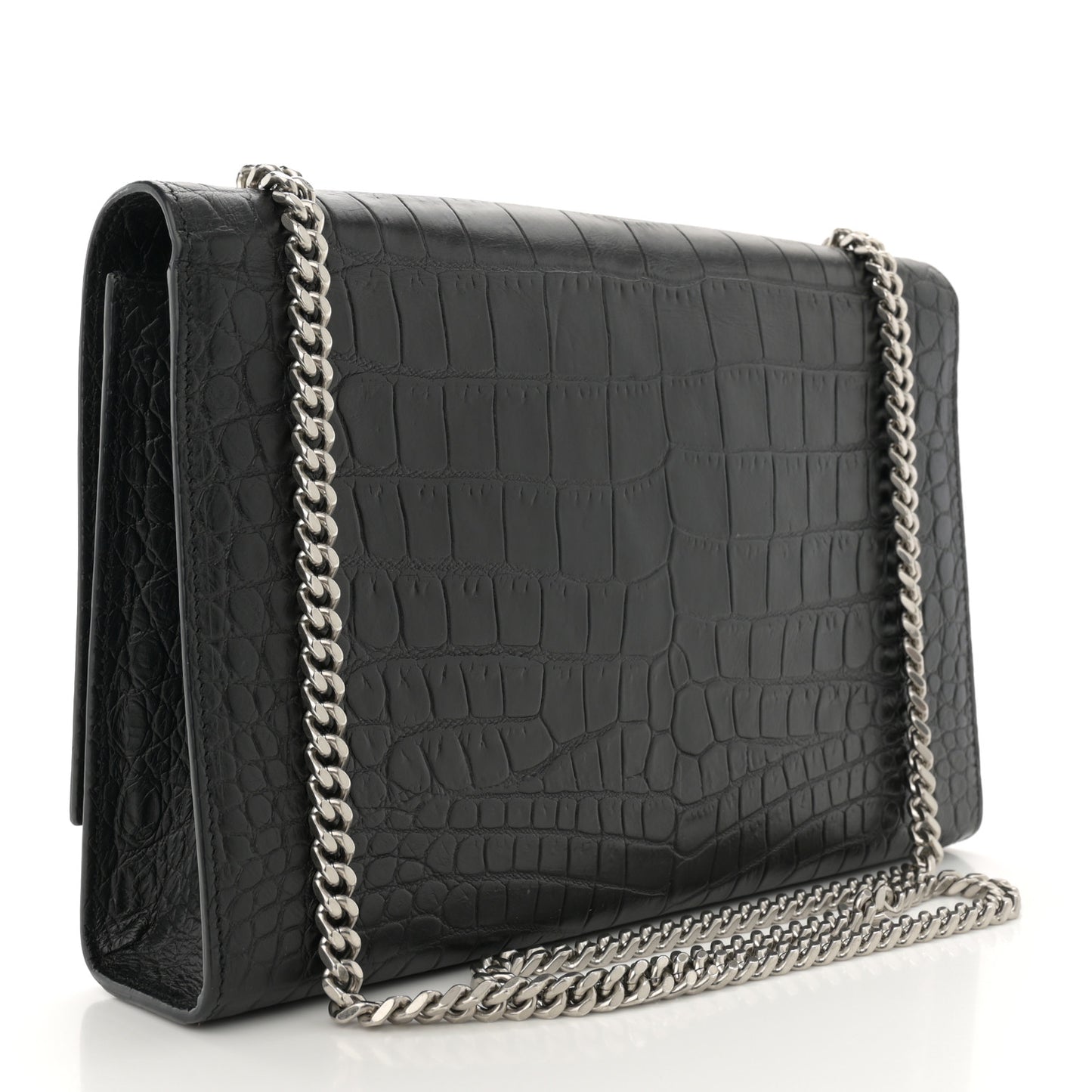 Calfskin Crocodile Embossed Large Classic Monogram Kate Satchel Black