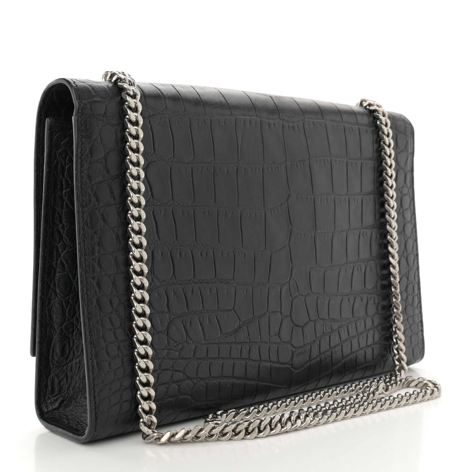 Saint Laurent Calfskin Crocodile Embossed Large Classic Monogram Kate Satchel Black 3 of 15