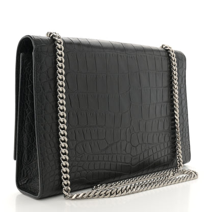 Saint Laurent Calfskin Crocodile Embossed Large Classic Monogram Kate Satchel Black 3 of 15