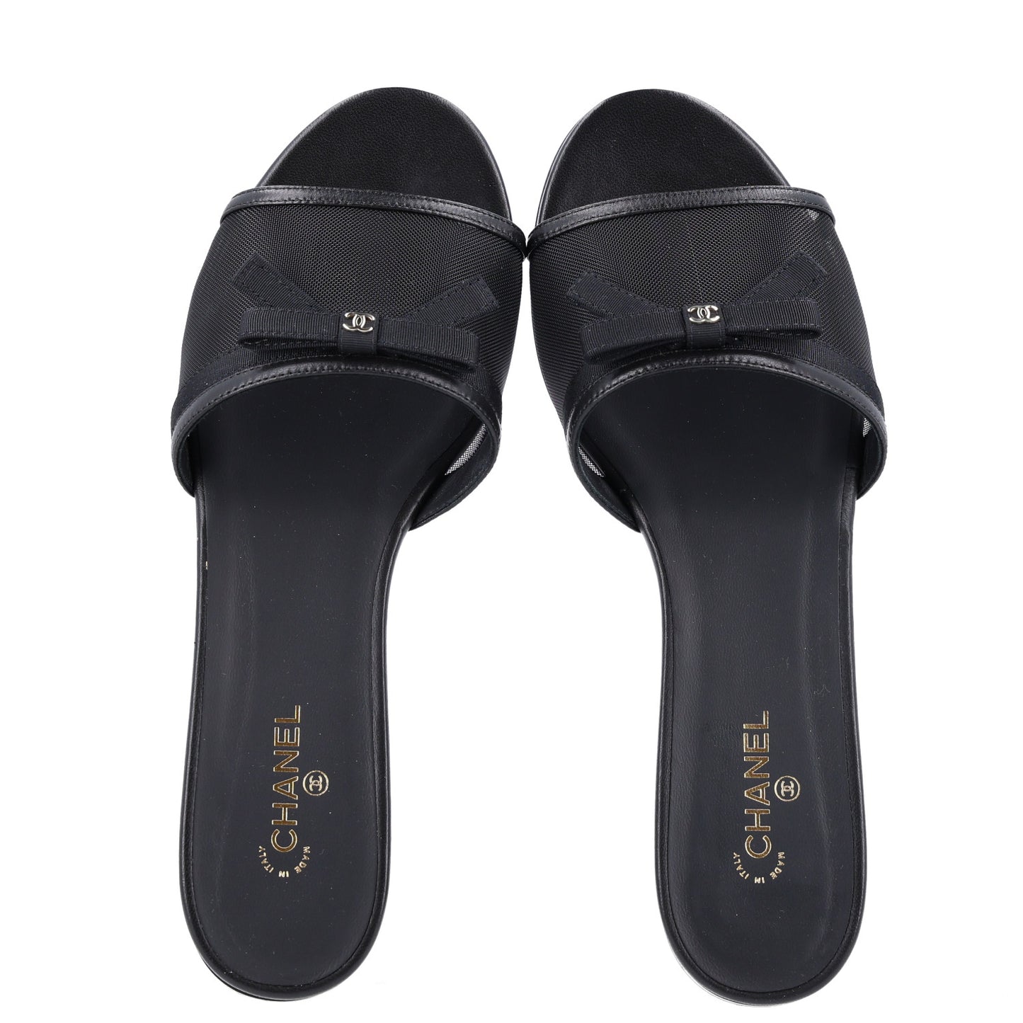 Mesh Lambskin CC Bow Mules 39.5 Black