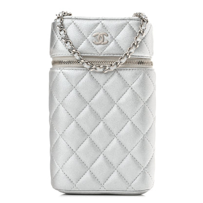 Chanel Metallic Lambskin Quilted Phone Holder With Chain Silver 1 of 10