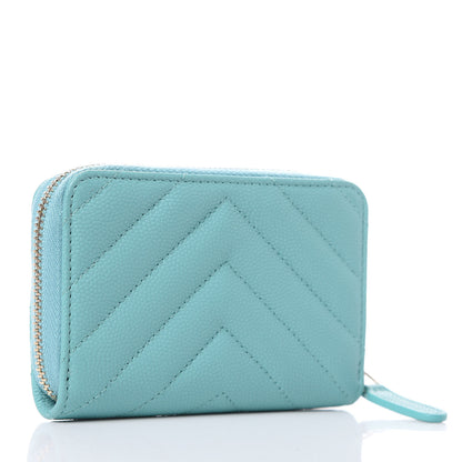 Chanel Caviar Chevron Quilted Zip Coin Purse Green 3 of 8