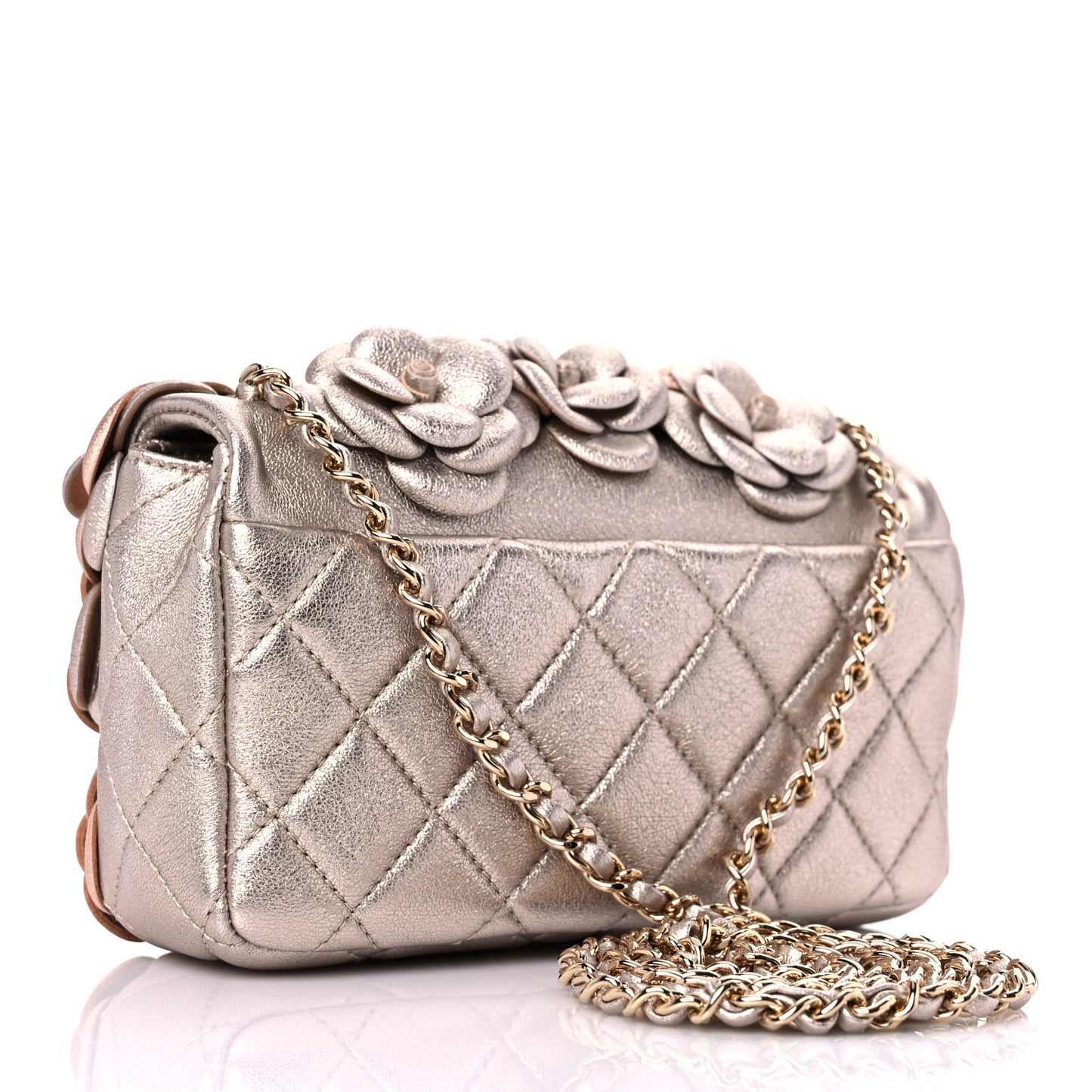 Metallic Lambskin Quilted Mini Camellia Flap Silver Gold