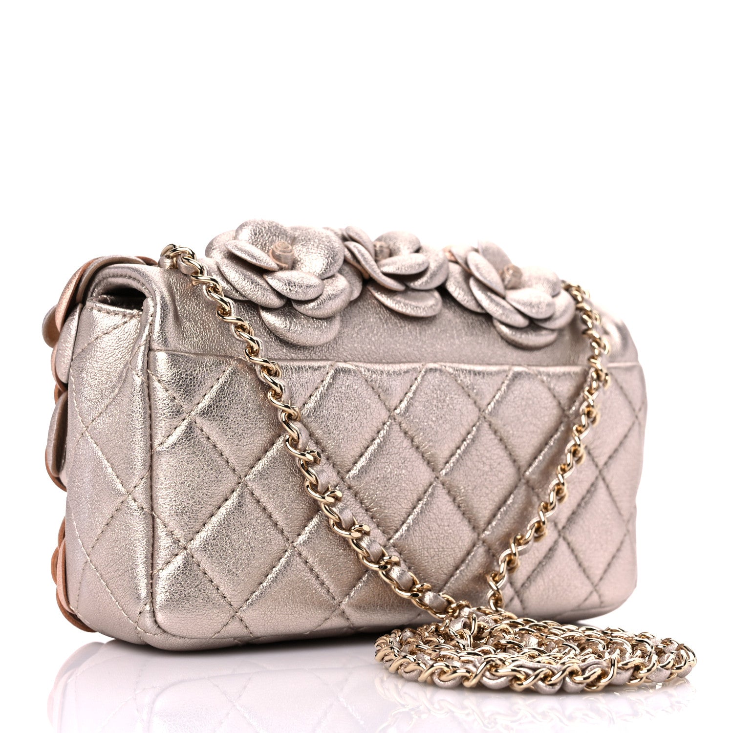 Chanel Metallic Lambskin Quilted Mini Camellia Flap Silver Gold 2 of 9