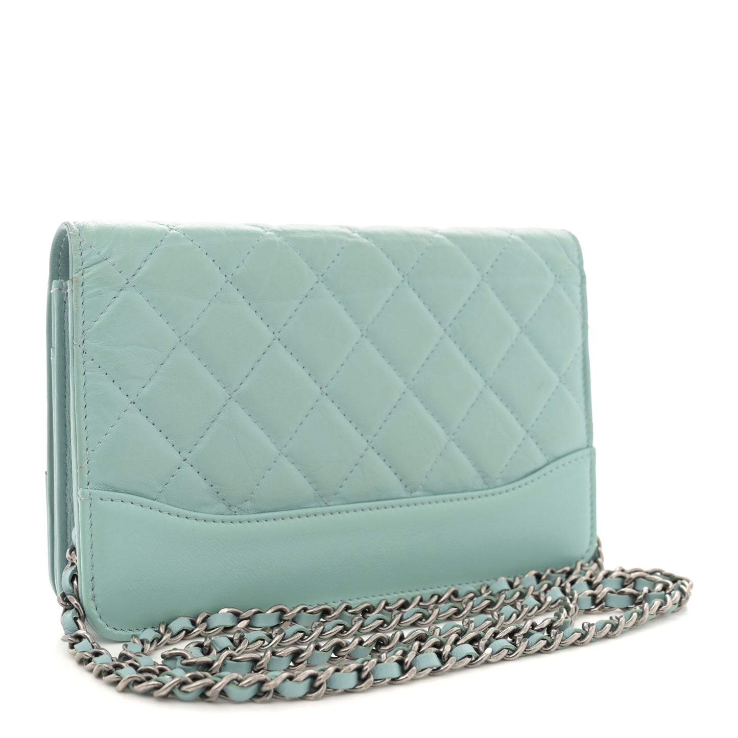 Aged Calfskin Quilted Gabrielle Wallet On Chain WOC Light Blue