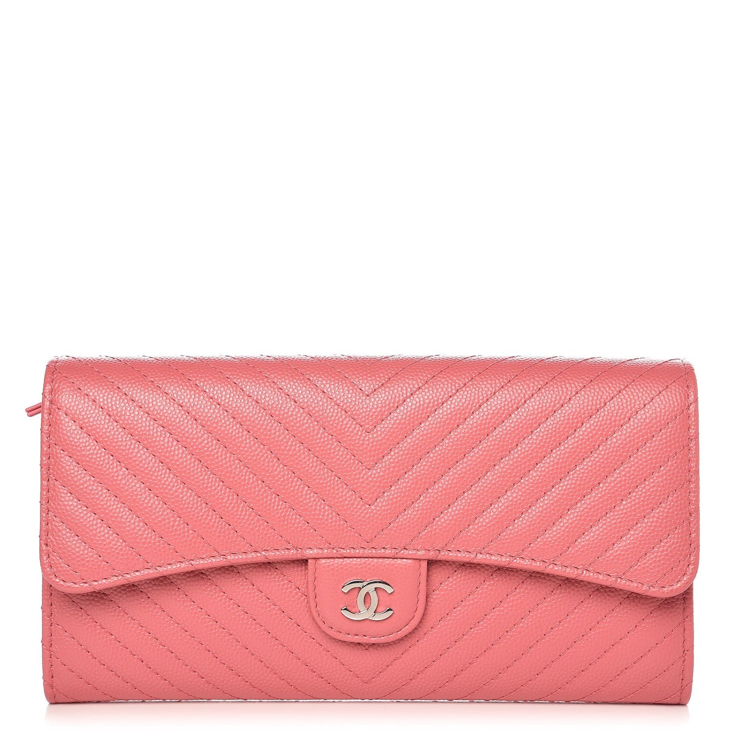 Caviar Chevron Quilted Large Gusset Flap Wallet Pink