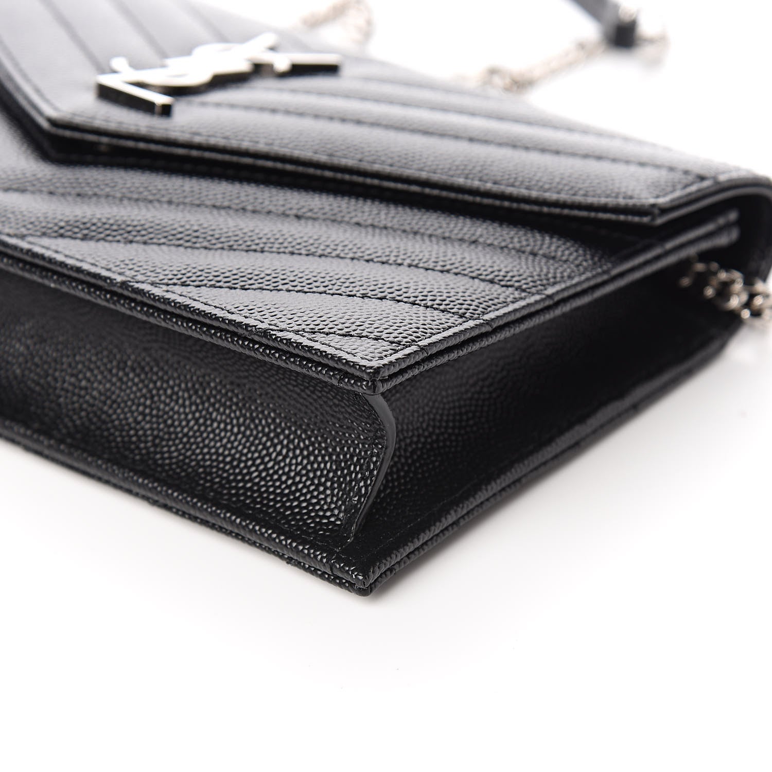 Saint Laurent Grain De Poudre Matelasse Chevron Monogram Envelope Chain Wallet Black 8 of 10