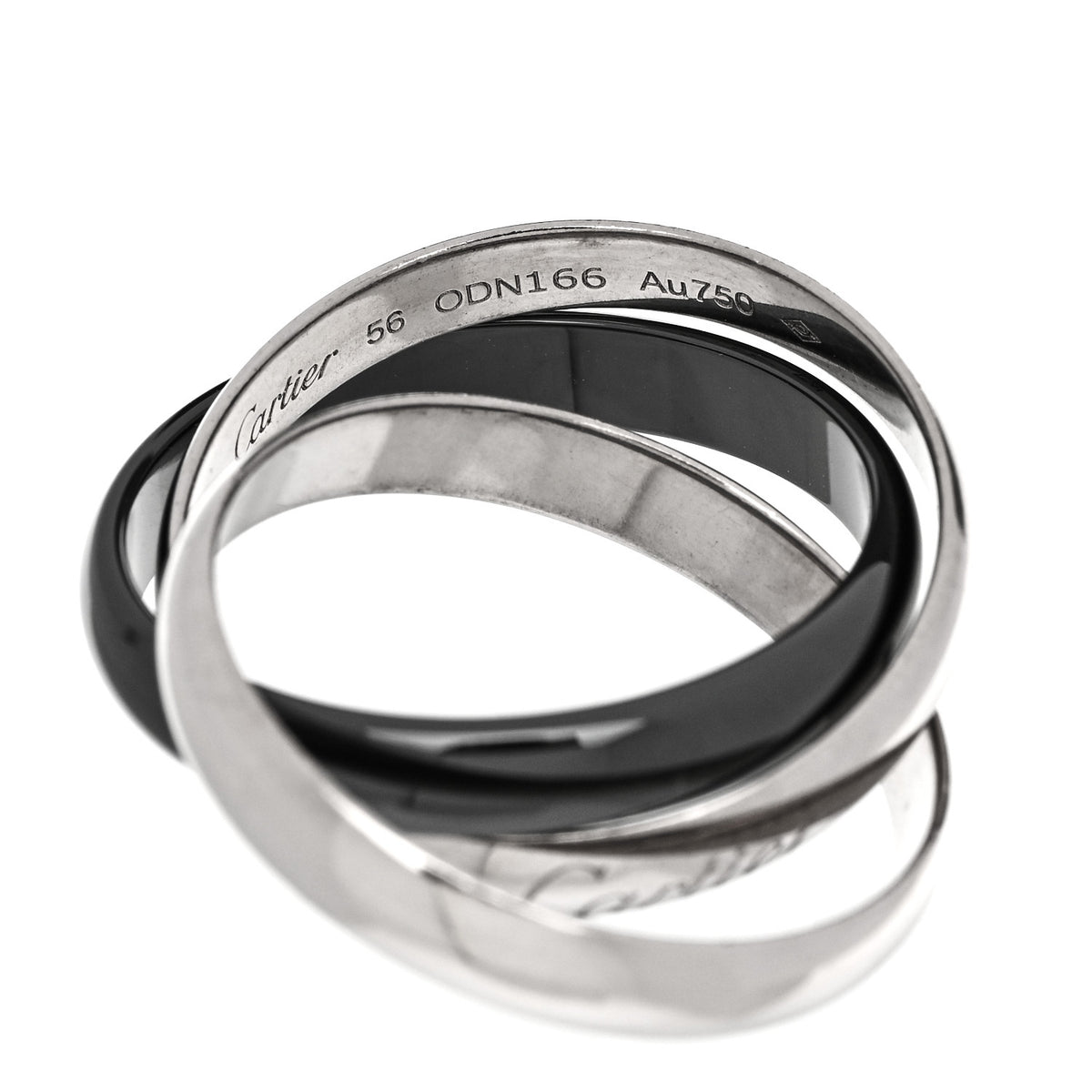 18K White Gold Black Ceramic Trinity Ring 56 7.5