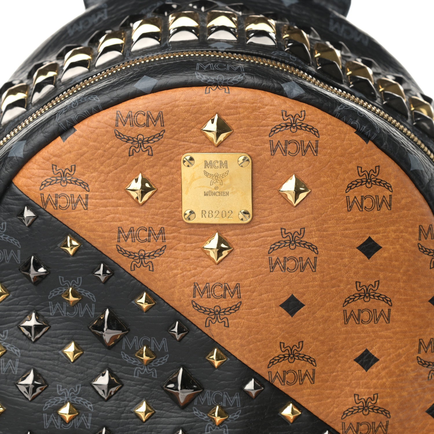 MCM Visetos Bi-Color Studded Medium Backpack Black Cognac 8 of 10