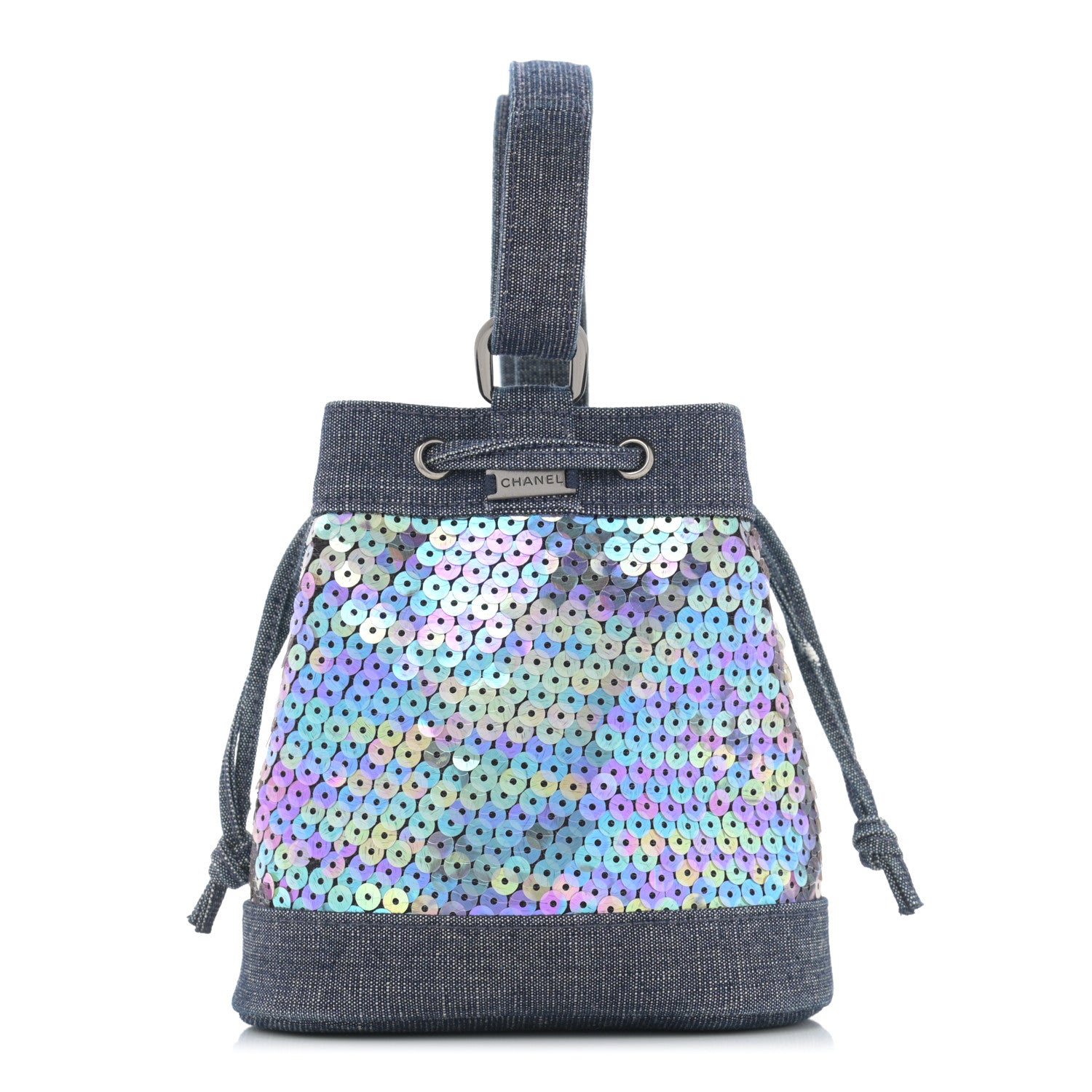 Chanel Sequin Denim Small Drawstring Bucket Bag Blue 1 of 12