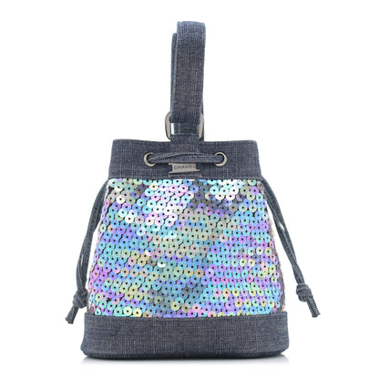 Chanel Sequin Denim Small Drawstring Bucket Bag Blue 1 of 12