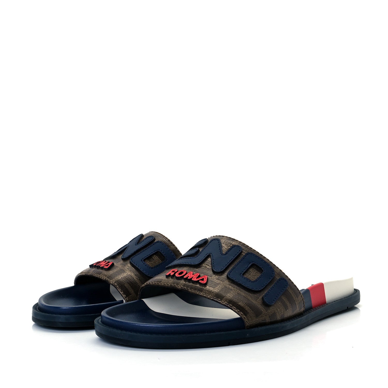 Fendi X FILA Glazed Fabric Calfskin FF 1974 Mania Mens Slide Sandals 5 Mogano Panna Blueberry Caipiroska 2 of 8