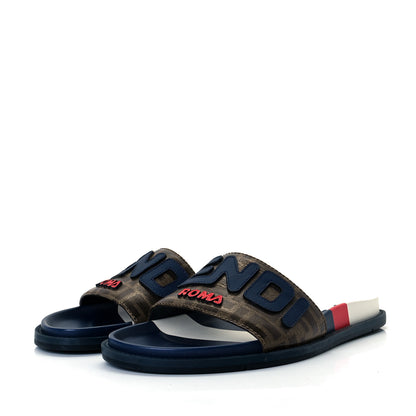 Fendi X FILA Glazed Fabric Calfskin FF 1974 Mania Mens Slide Sandals 5 Mogano Panna Blueberry Caipiroska 2 of 8