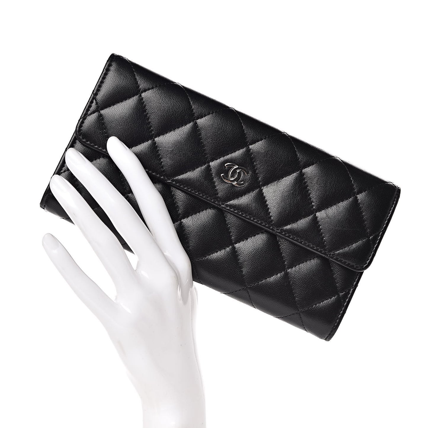 Lambskin Quilted Large Gusset Flap Wallet Black