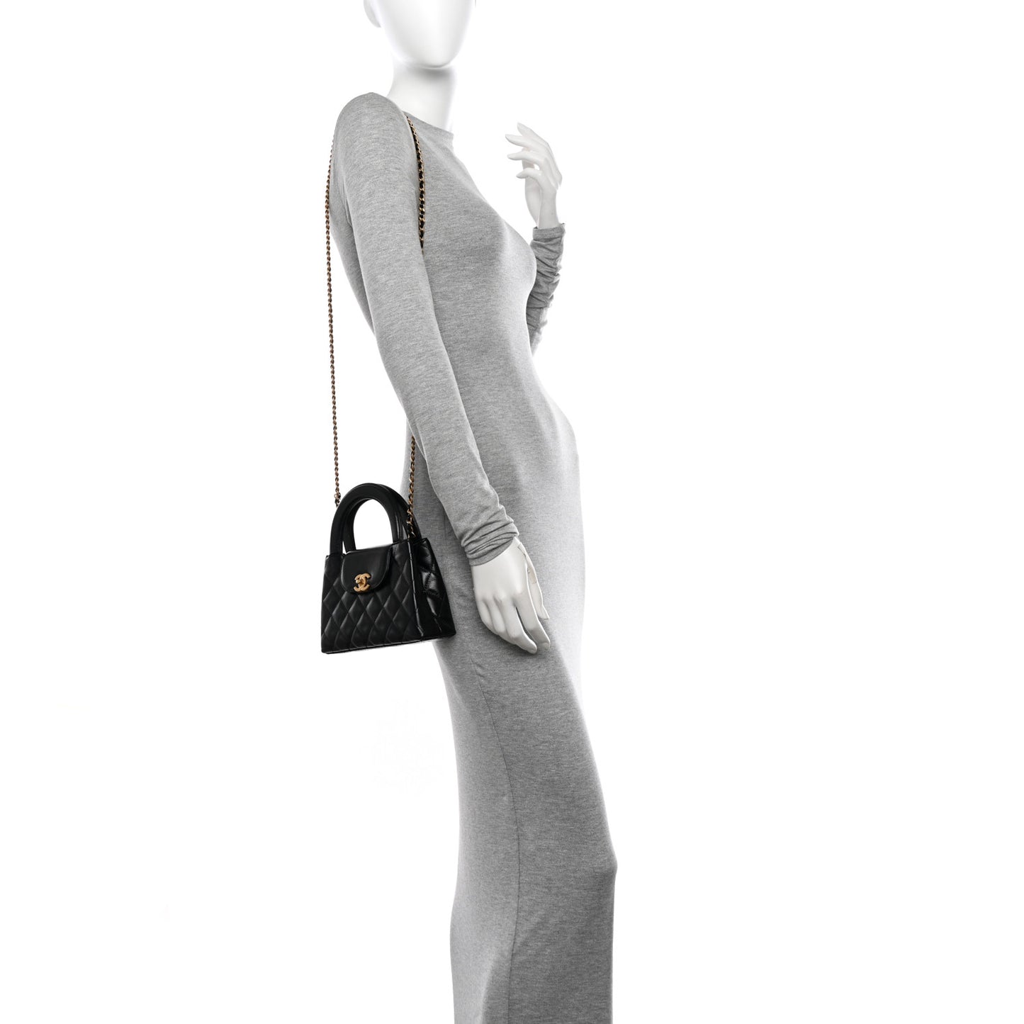 Shiny Aged Calfskin Quilted Nano Kelly Shopper Black