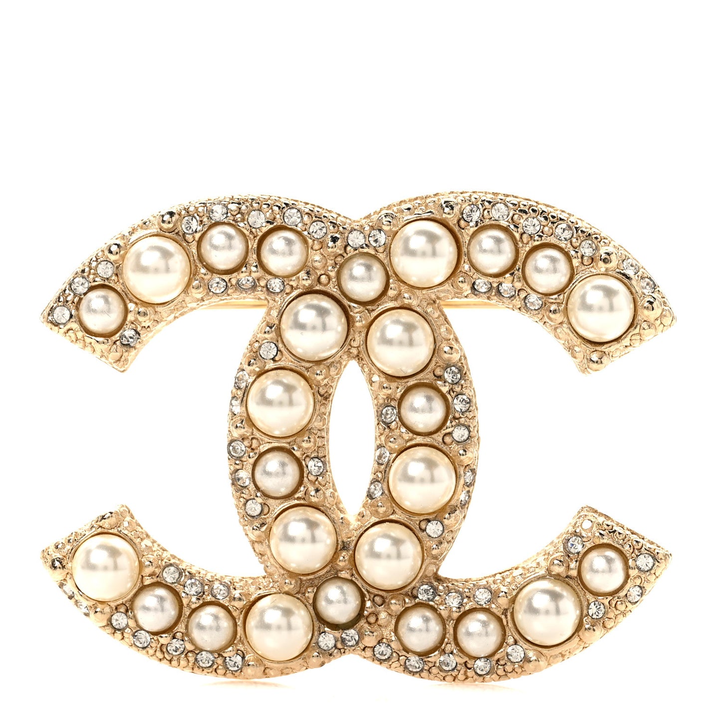 Metal Crystal Graduated Pearl CC Brooch Gold