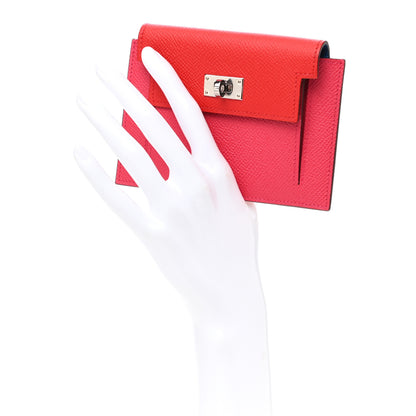 Hermes Epsom Tri-Color Kelly Pocket Compact Wallet Rouge Coeur Rose Extreme Bleu Zanzibar 2 of 7