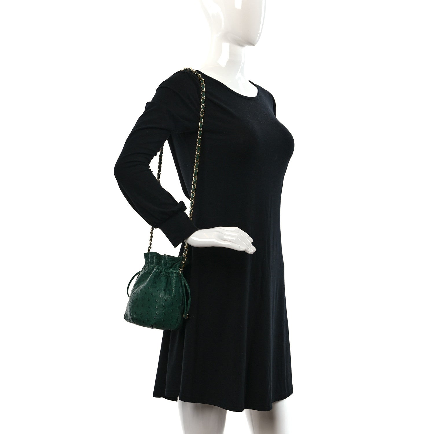Chanel Ostrich Drawstring Pouch Bag Green 3 of 10