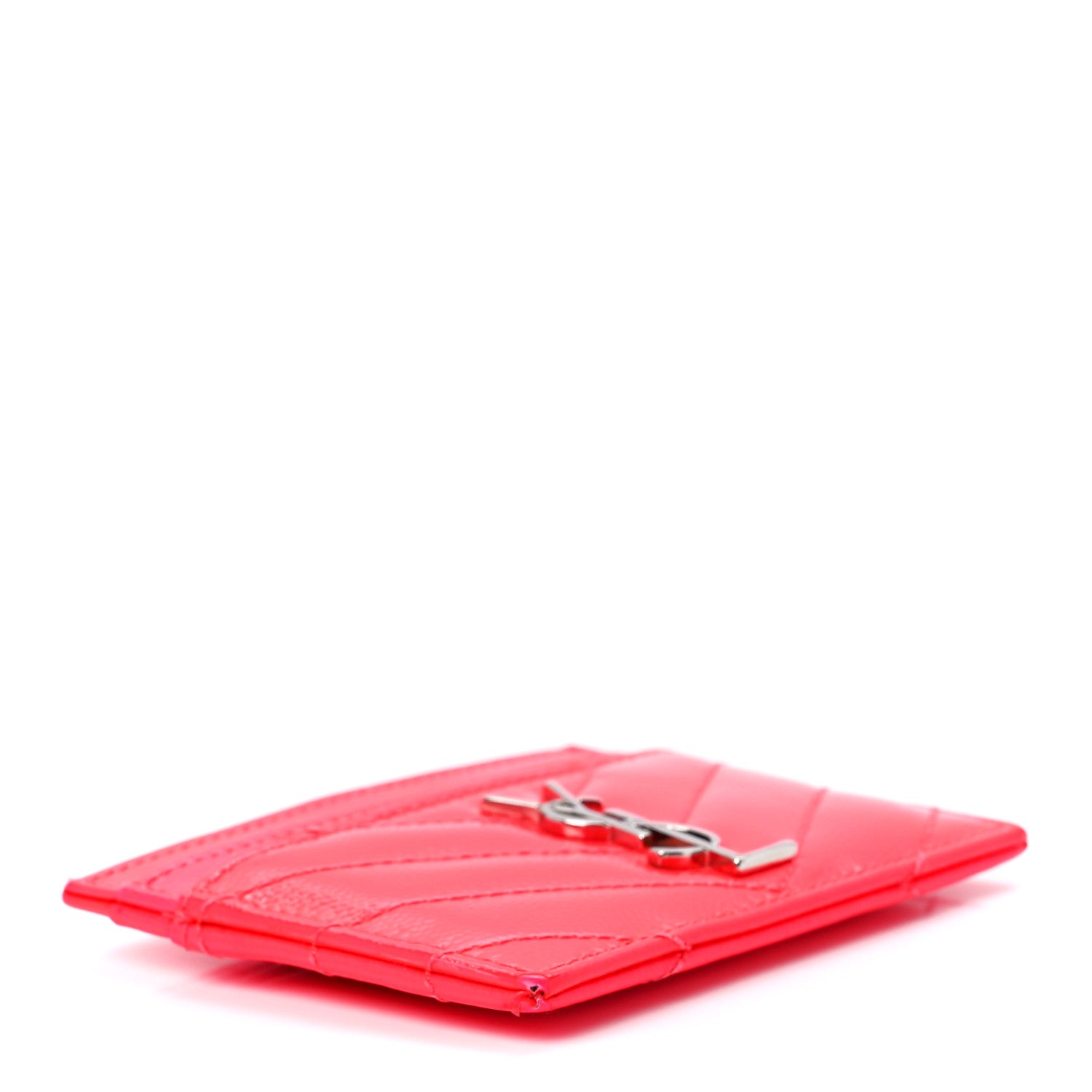Saint Laurent Grain De Poudre Matelasse Chevron Monogram Credit Card Case Neon Pink 4 of 11