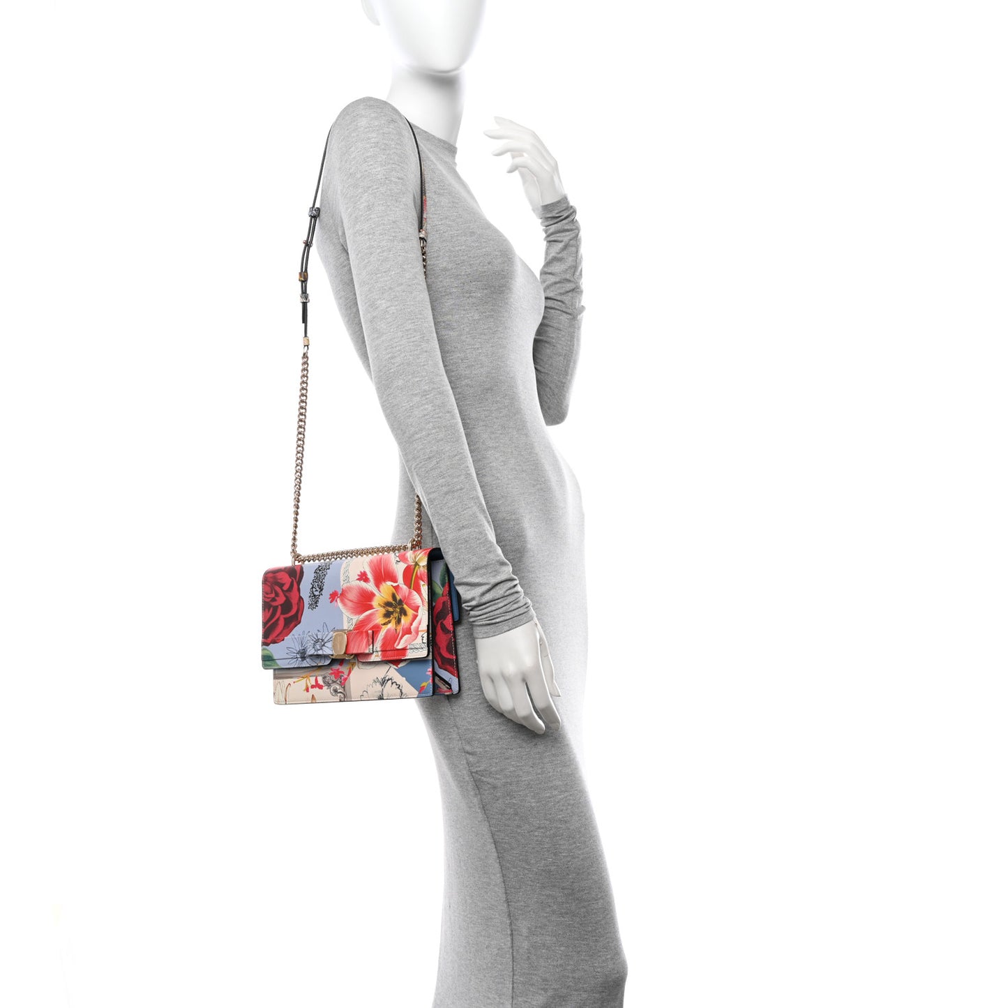 Calfskin Floral Print Vara Bow Chain Flap Crossbody Chambray Multicolor