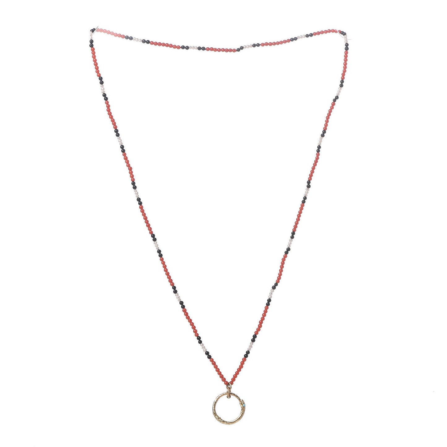 18K Yellow Gold Coral Black Onyx Freshwater Pearl Turquoise Ouroboros Pendant Necklace