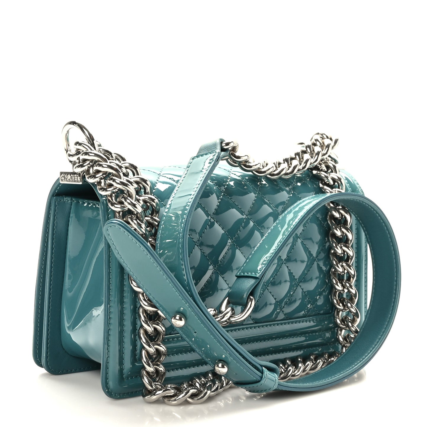 Patent Calfskin Quilted Small Plexiglass Boy Flap Turquoise
